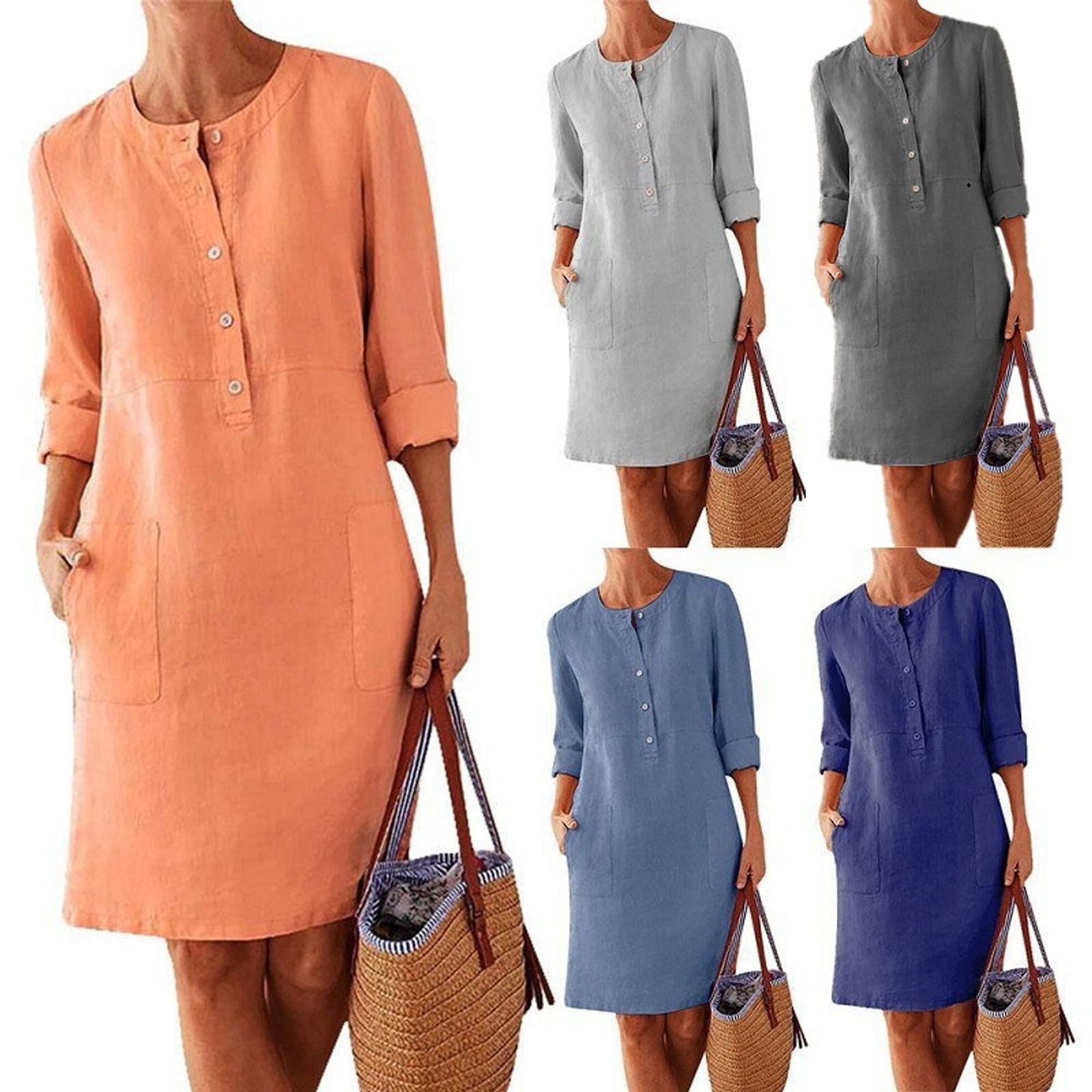 Women's Casual Long Sleeve Cotton Linen Tunic Dress