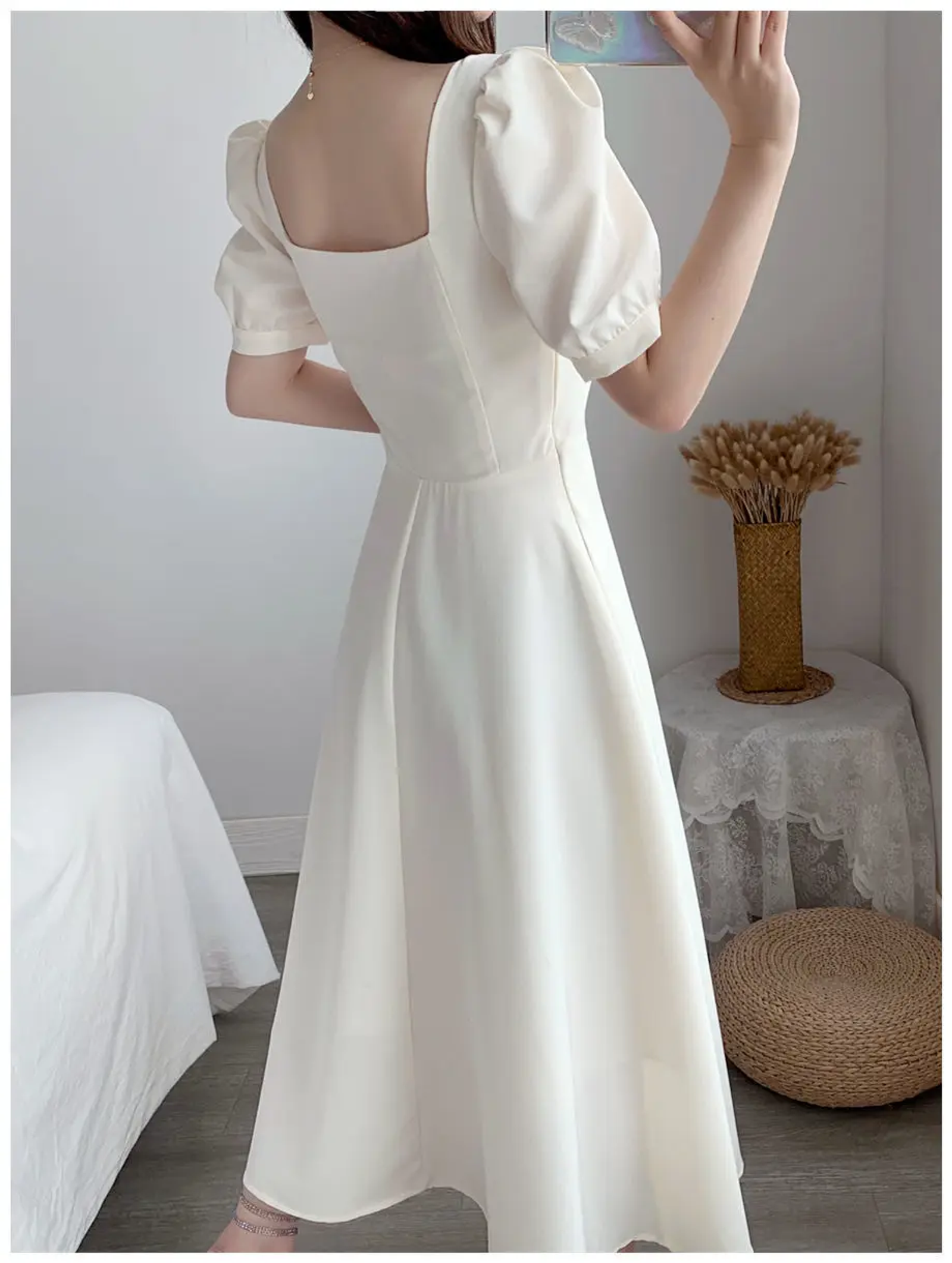 Slim Fit White Bubble Sleeve Dress with Square Neck