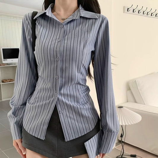 Korean Blue Striped Long Sleeve Shirt Jacket for Women