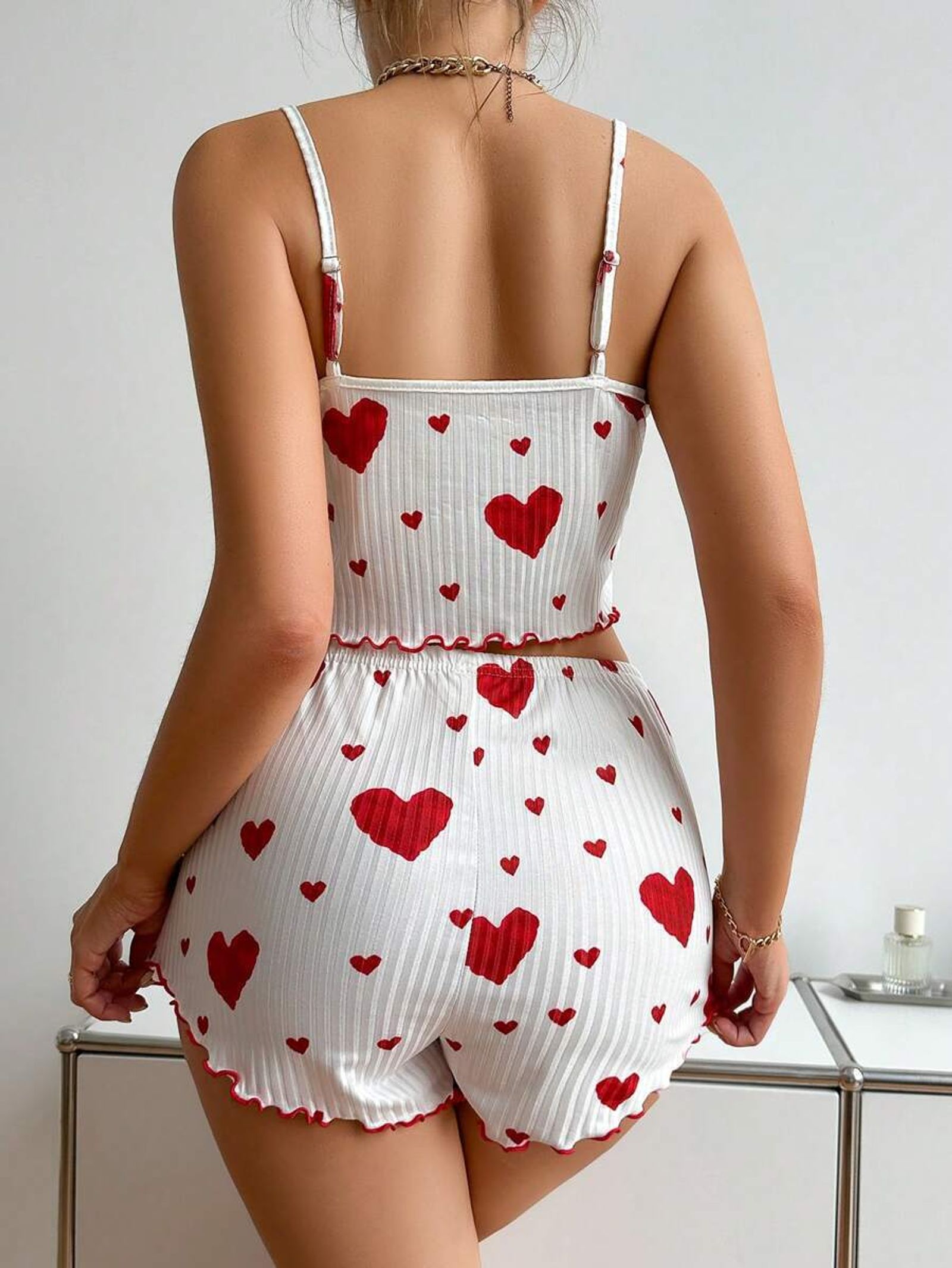 Womens 2PCS Heart Print Pajama Set - Sleeveless Crop Top & Shorts