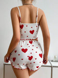 Womens 2PCS Heart Print Pajama Set - Sleeveless Crop Top & Shorts