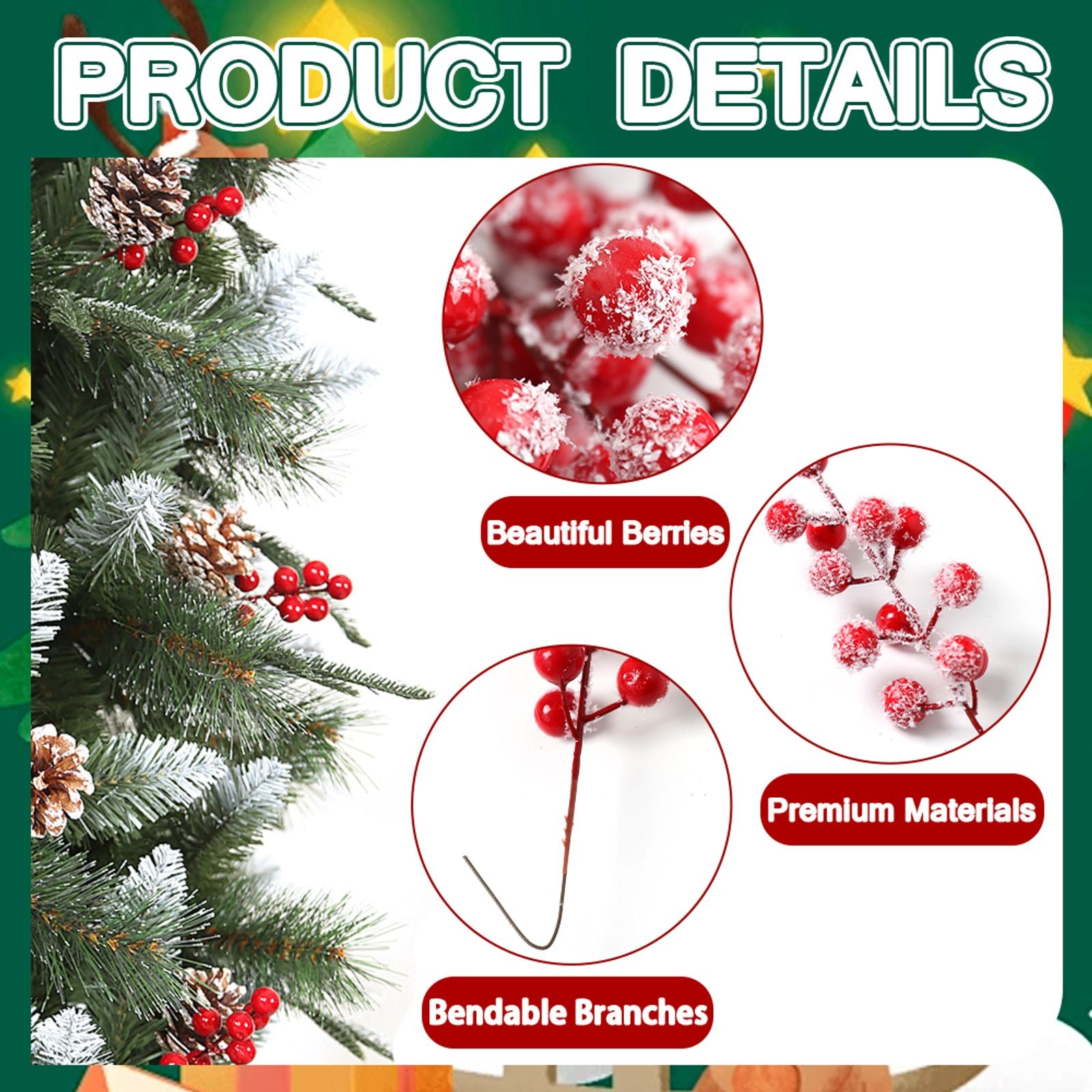 20PCS Snow Frosted Red Berry Stems for Holiday Decor
