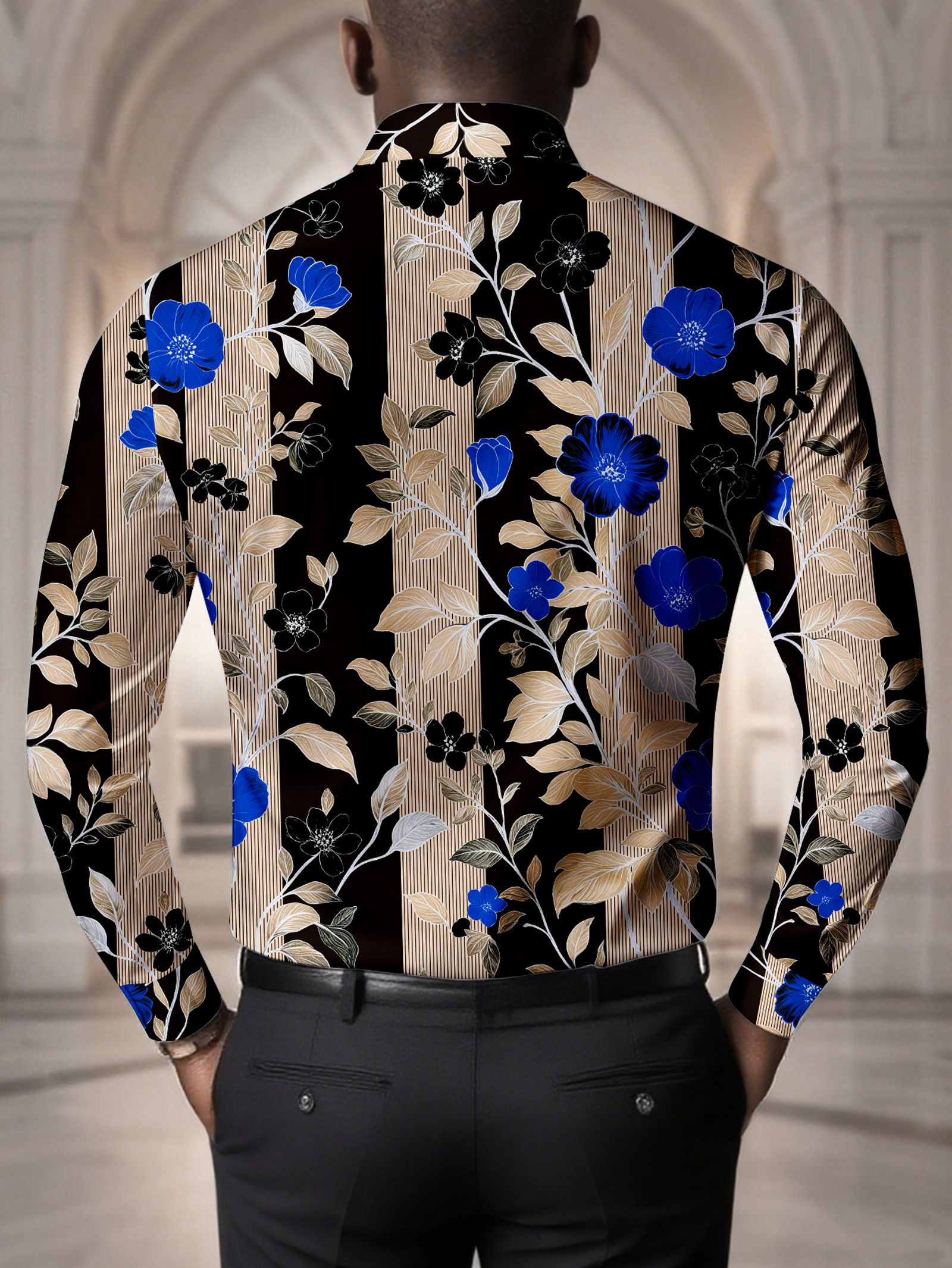 Men's Floral Print Long Sleeve Shirt - Trendy Blue Flower Dress Shirt