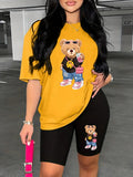 Summer Women's Bear Cartoon Print T-Shirt and Shorts Set