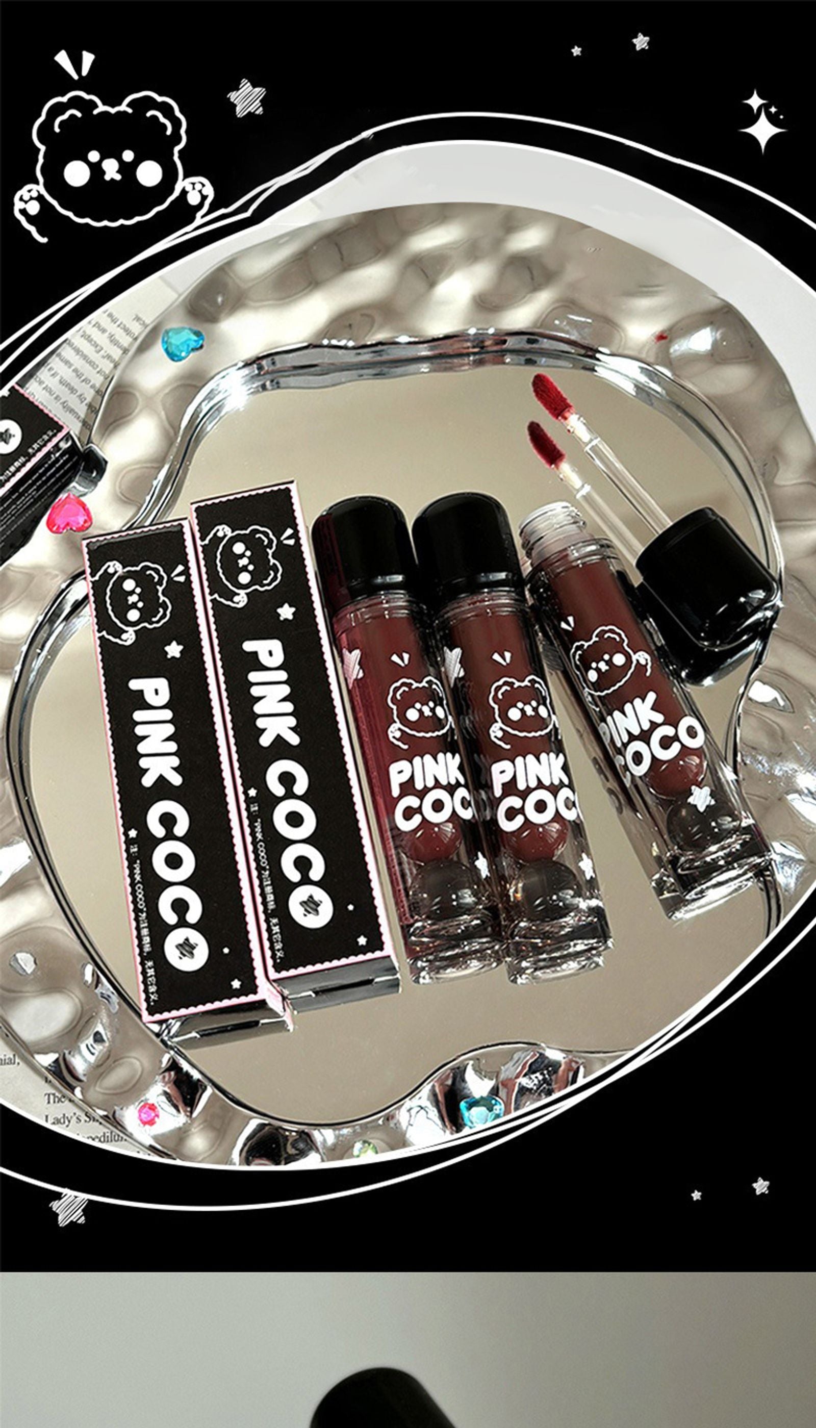 PINKCOCO Bear Doodle Mirror Lip Glaze - Long-Lasting Gloss