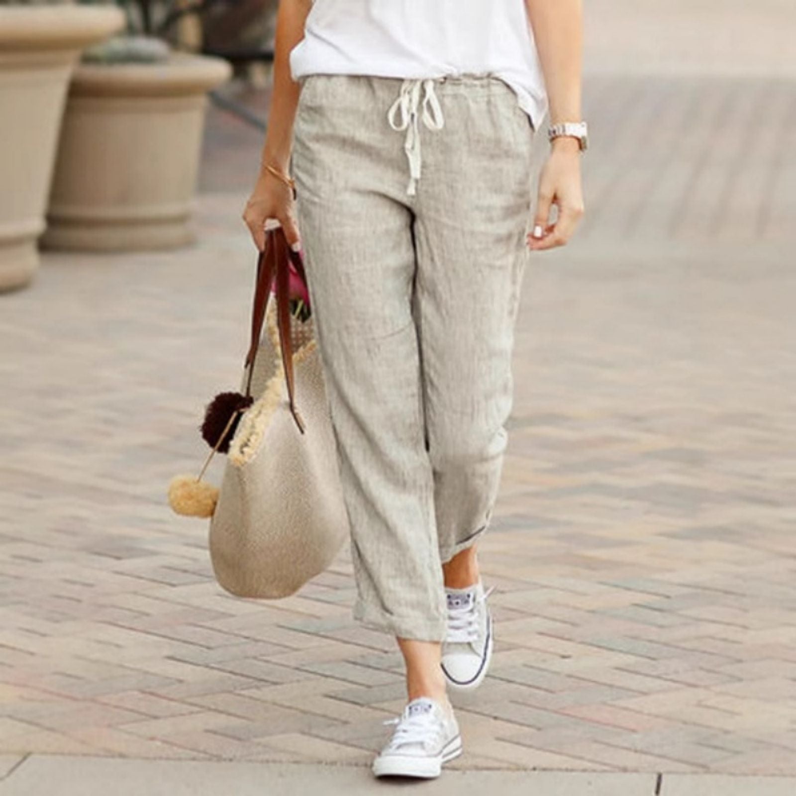 Elegant Solid Drawstring Loose Cotton Pants for Women