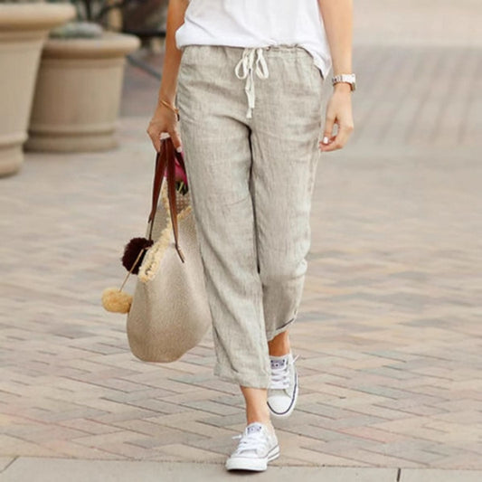 Elegant Solid Drawstring Loose Cotton Pants for Women