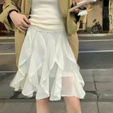 Y2K White Patchwork Lace Midi Skirt for Women