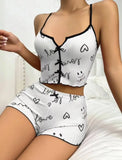 Women's Heart Print Pajamas Set with Frill Trim