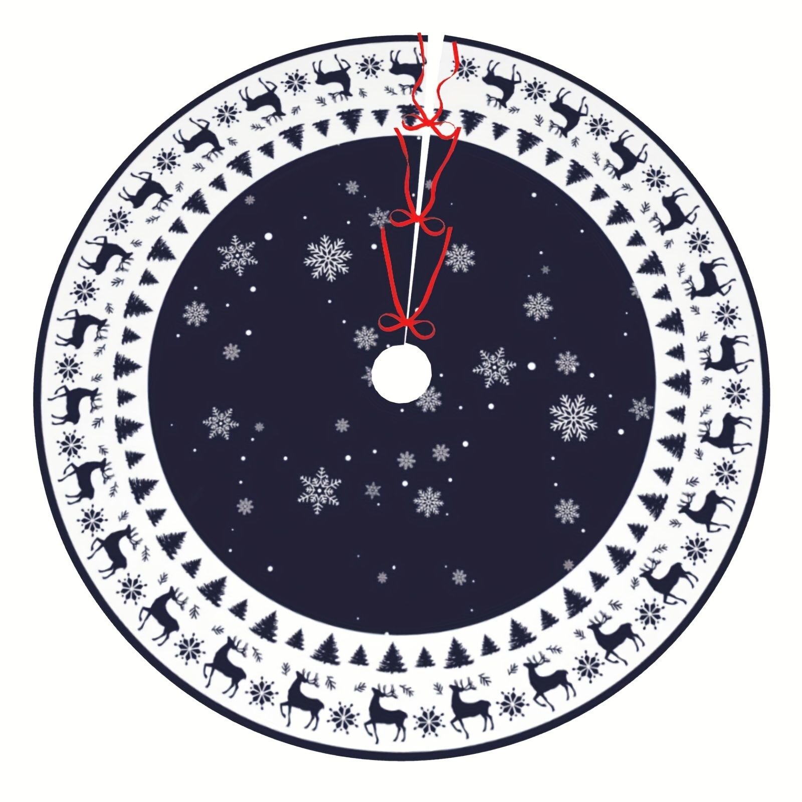 VIKAMA Vintage Navy Reindeer Snowflake Christmas Tree Skirt