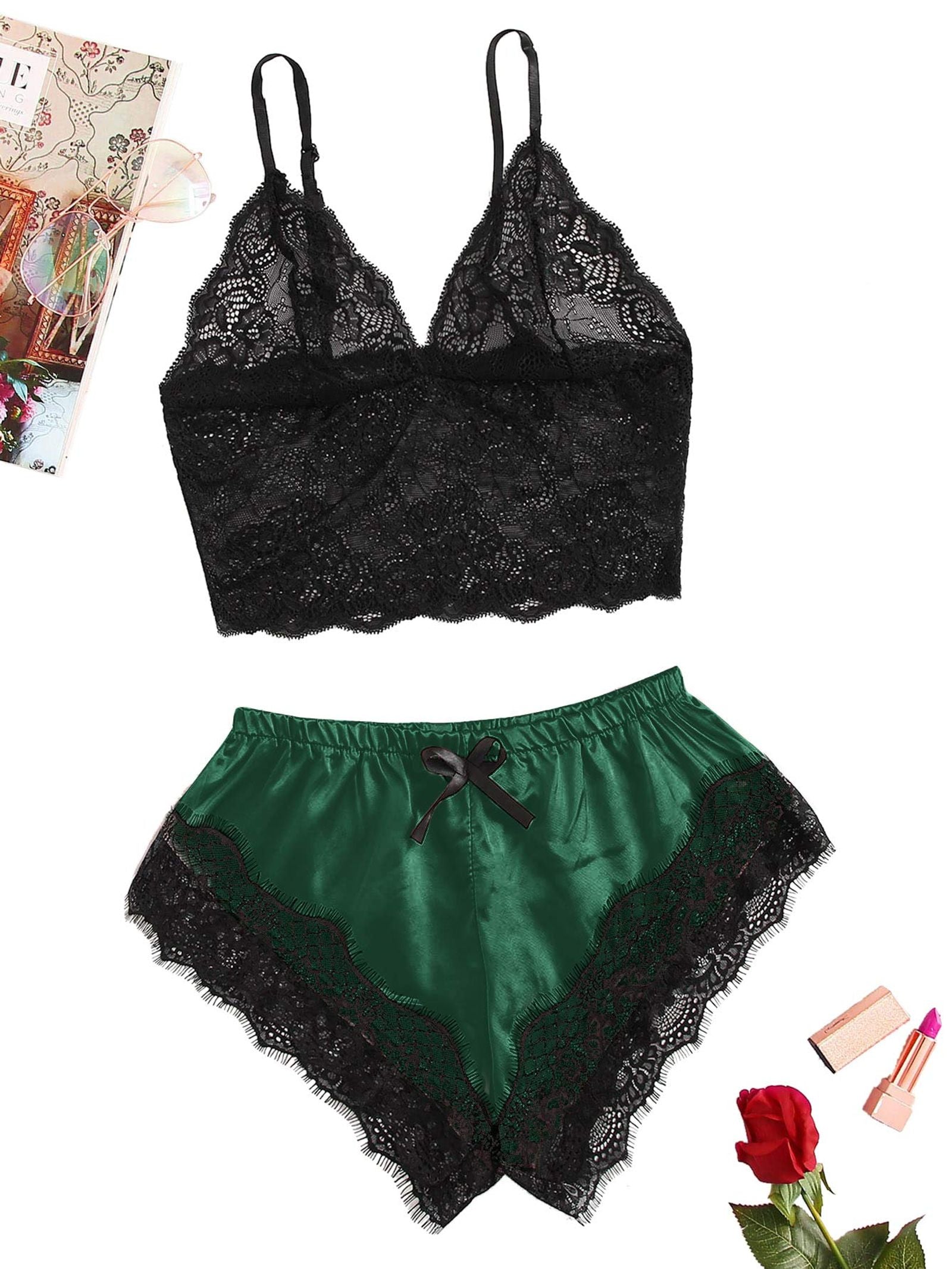 2PCS Women's Satin Pajama Set with Lace Cami and Shorts