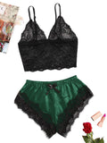 2PCS Women's Satin Pajama Set with Lace Cami and Shorts