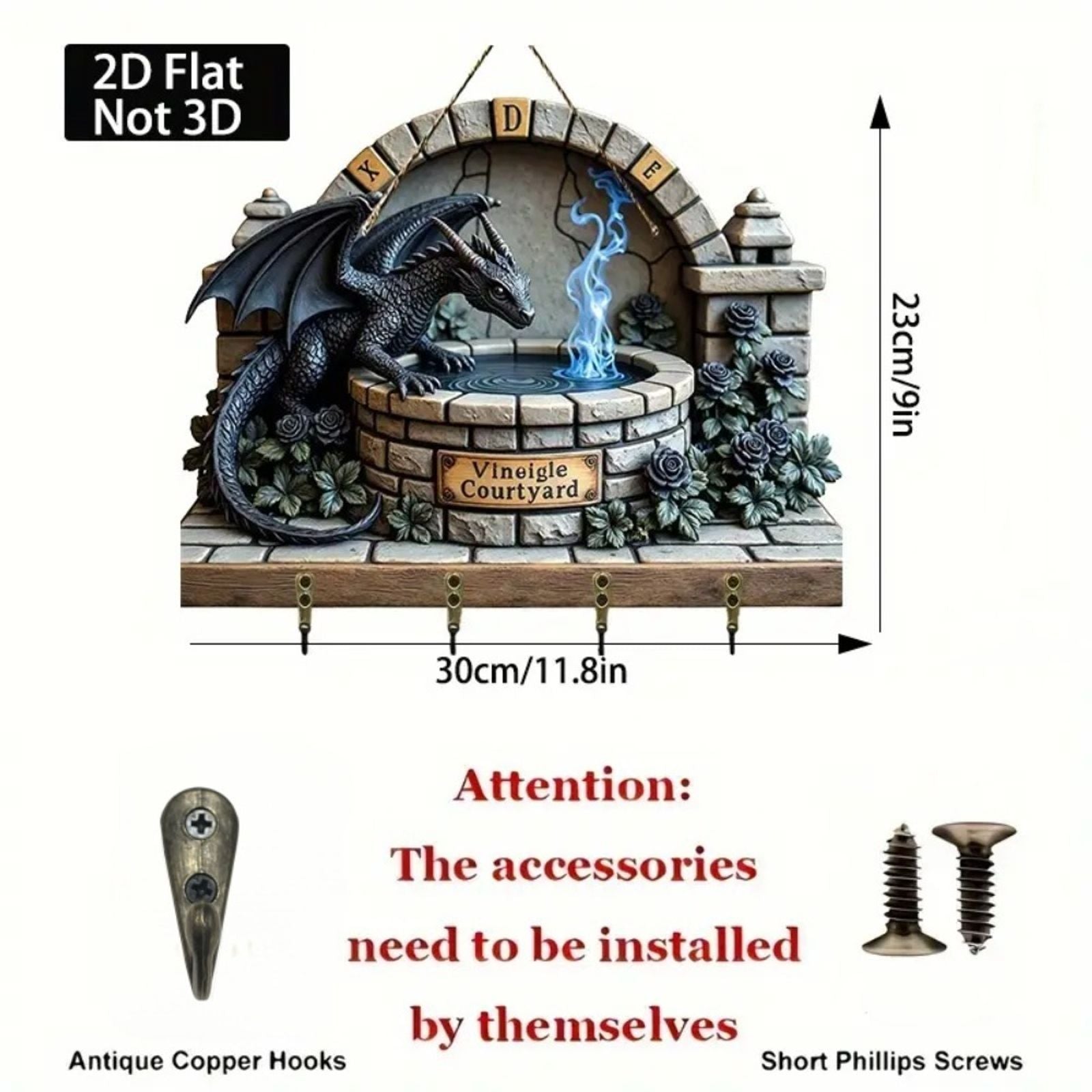 2D Dragon Pattern Wooden Key Holder with Metal Hooks