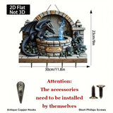 2D Dragon Pattern Wooden Key Holder with Metal Hooks