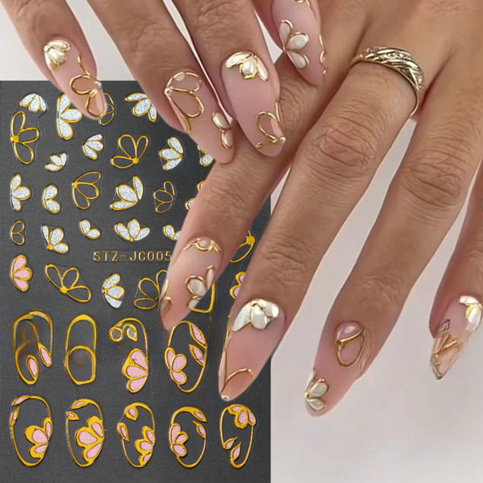 3D Pink Gold Flower Nail Stickers with Floral Petals