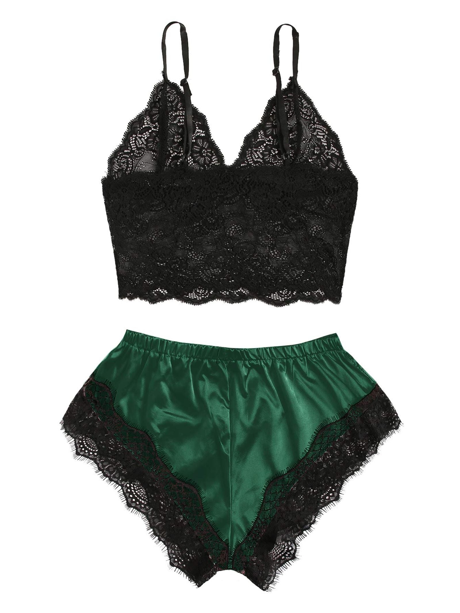 2PCS Women's Satin Pajama Set with Lace Cami and Shorts