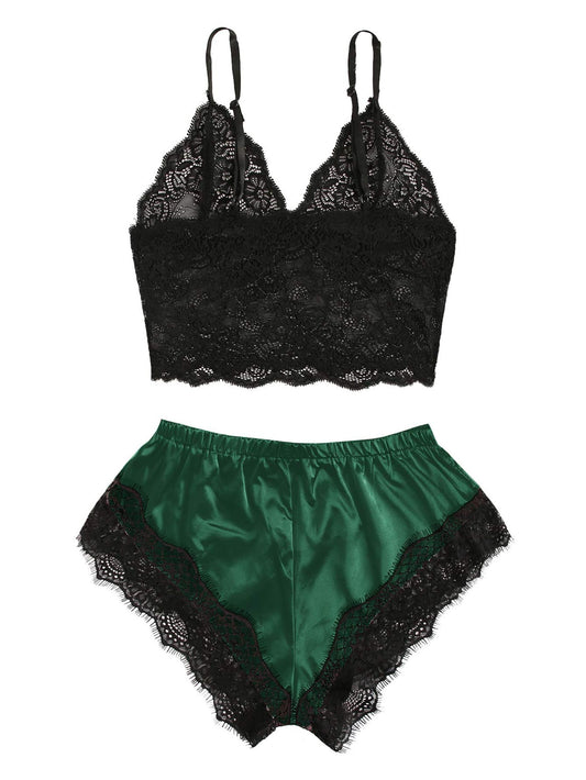 2PCS Women's Satin Pajama Set with Lace Cami and Shorts