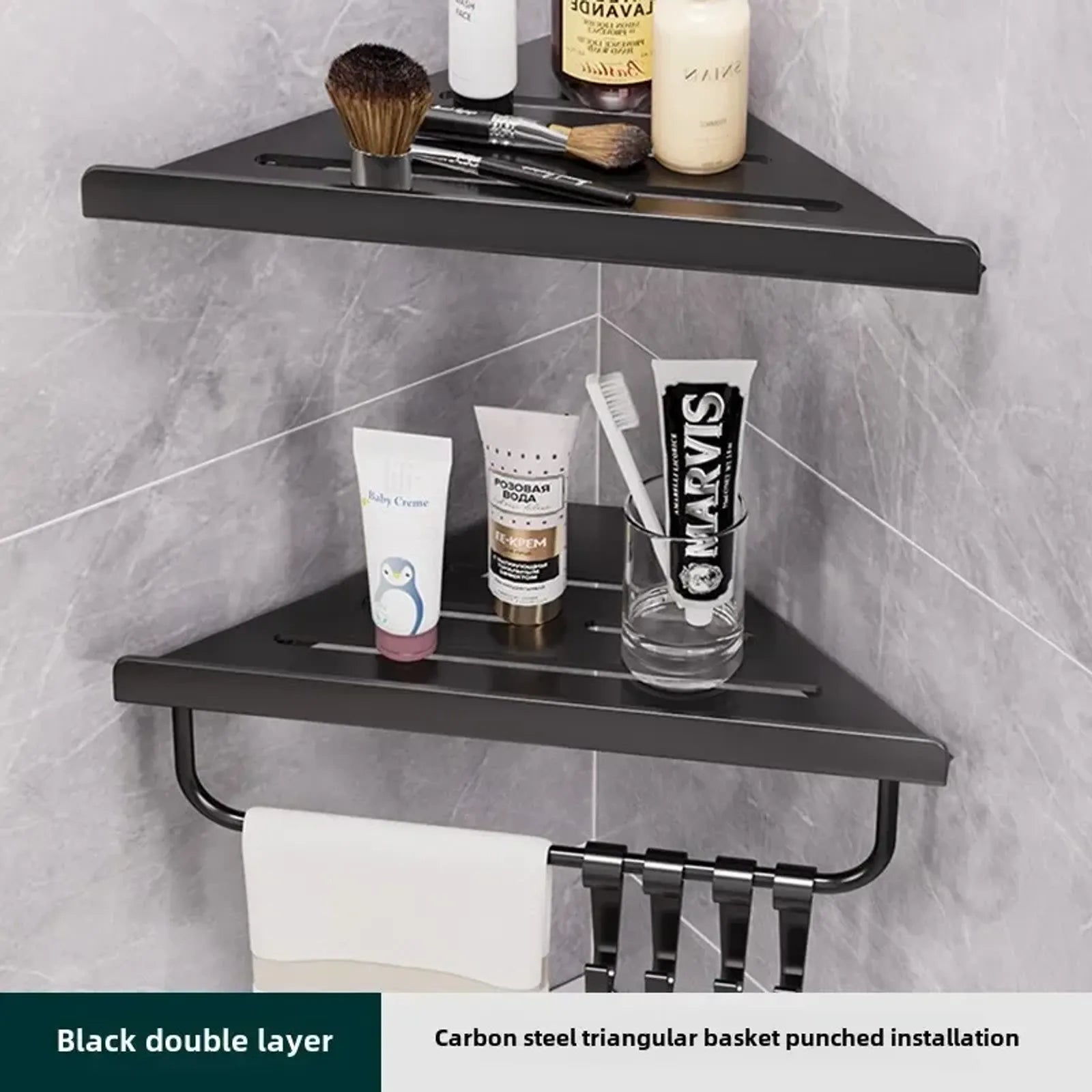 Wall-Mounted Triangle Drain Shelf with Hooks