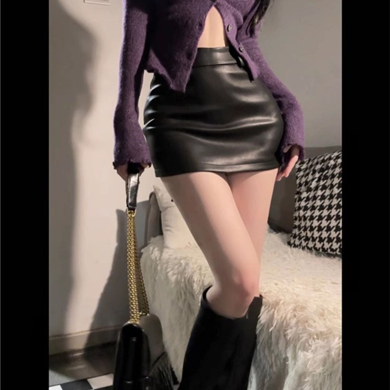 High Waist Leather Mini Skirt in Black and Wine Red