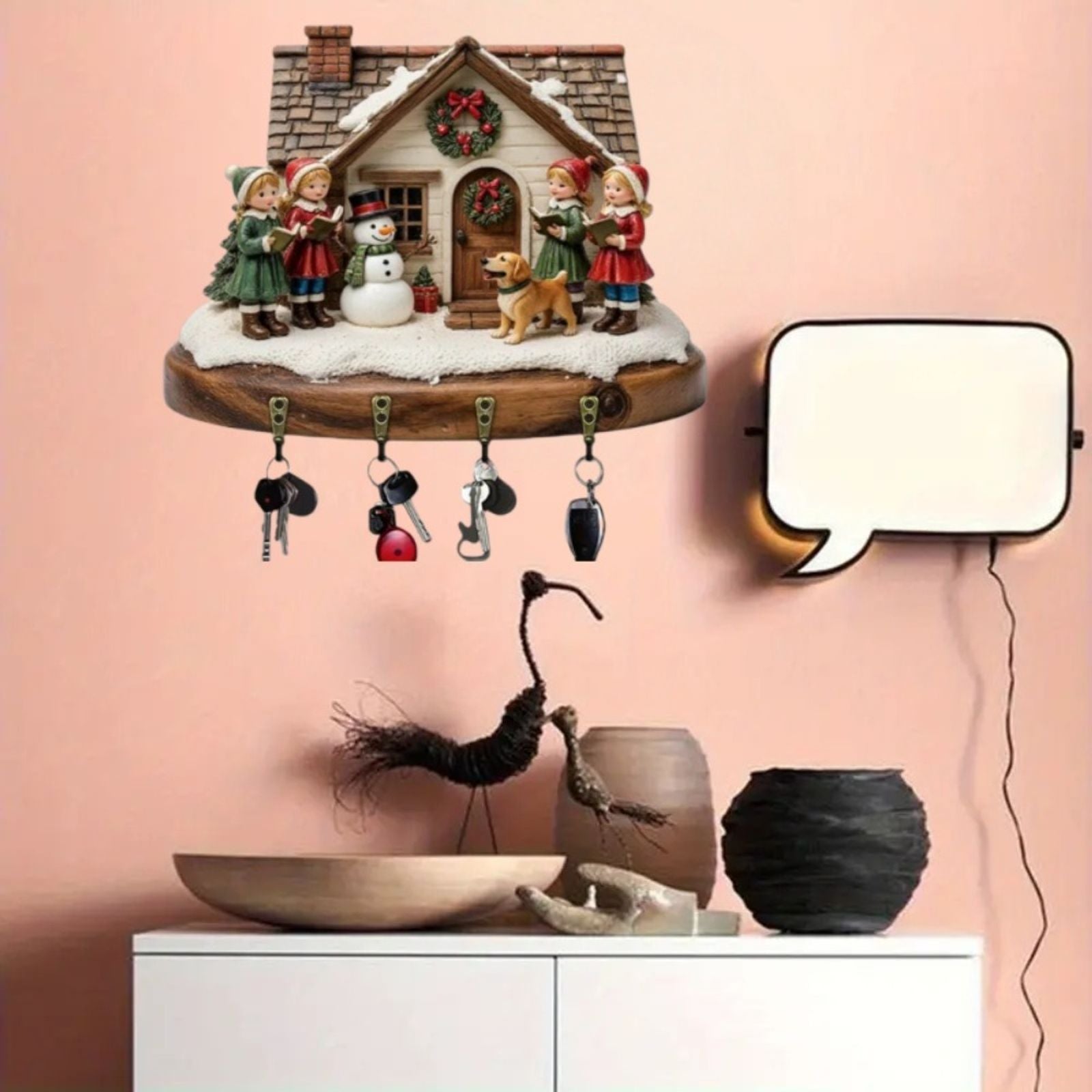 2D Christmas Carol Scene Wooden Keyframe with Hooks