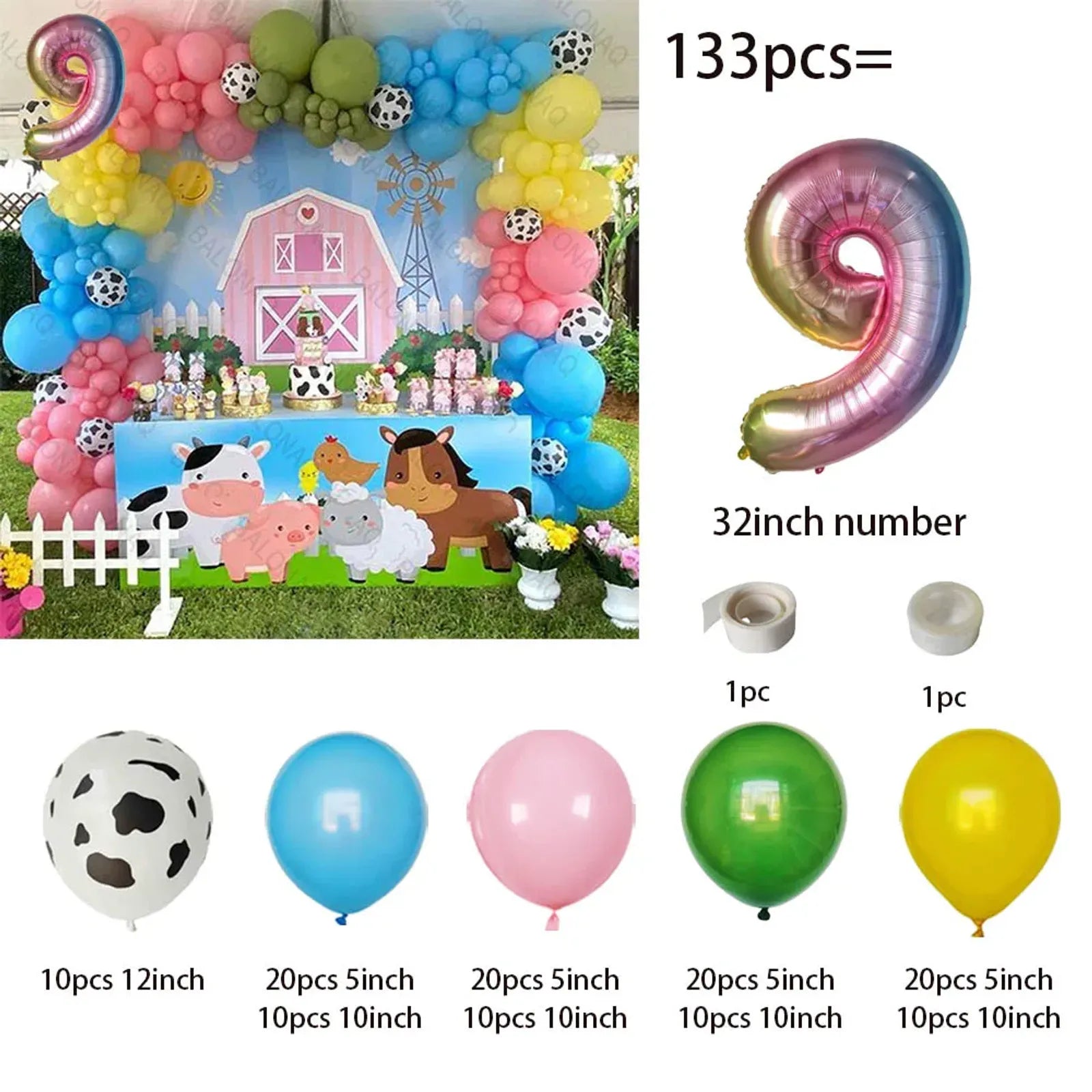 133pcs Farm Theme Cow Birthday Party Balloon Set