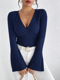 2024 Women’s V-Neck Solid Color Long Sleeve Knitted T-Shirt