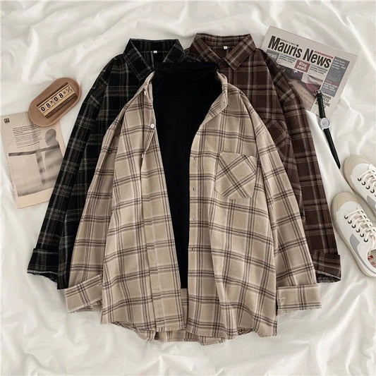 Vintage Plaid Oversized Button-Up Shirt for Women