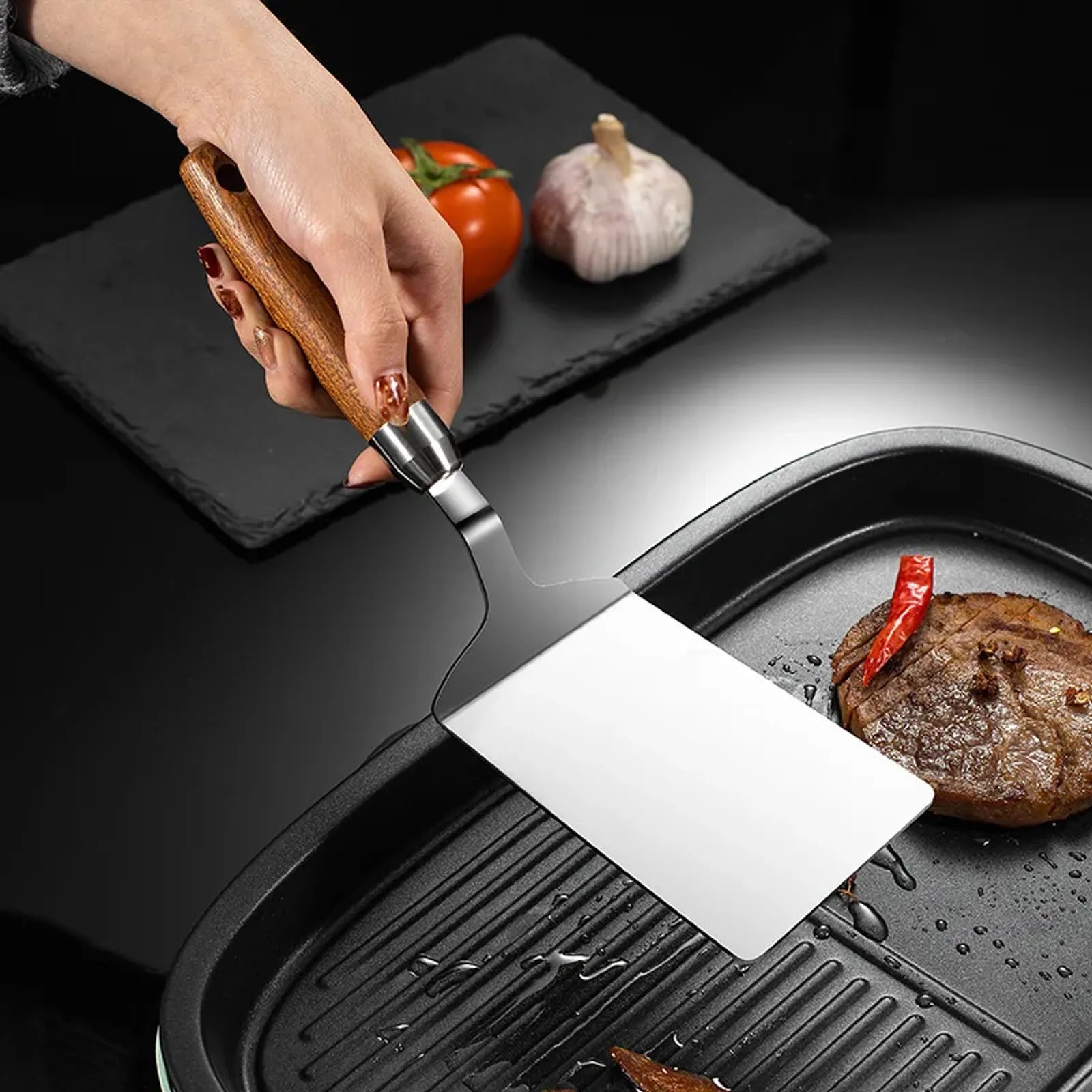Stainless Steel Square Head Cooking Spatula with Wood Handle