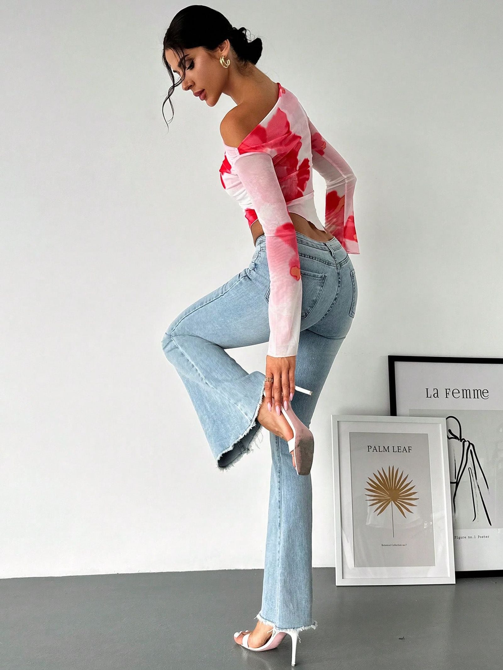 Sweet Spice Mesh Print Off-the-Shoulder Long Sleeve Top