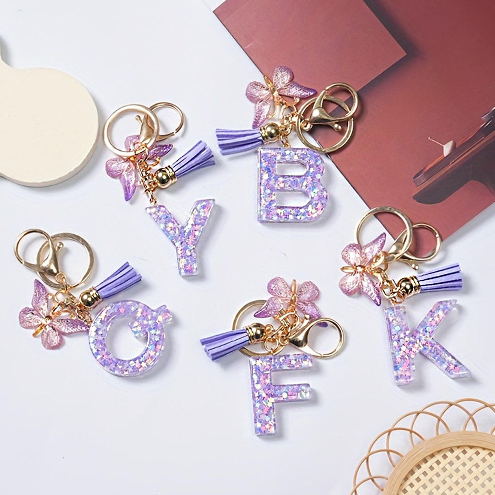 A-Z Sequins Initial Letter Keychain with Purple Butterfly Tassel