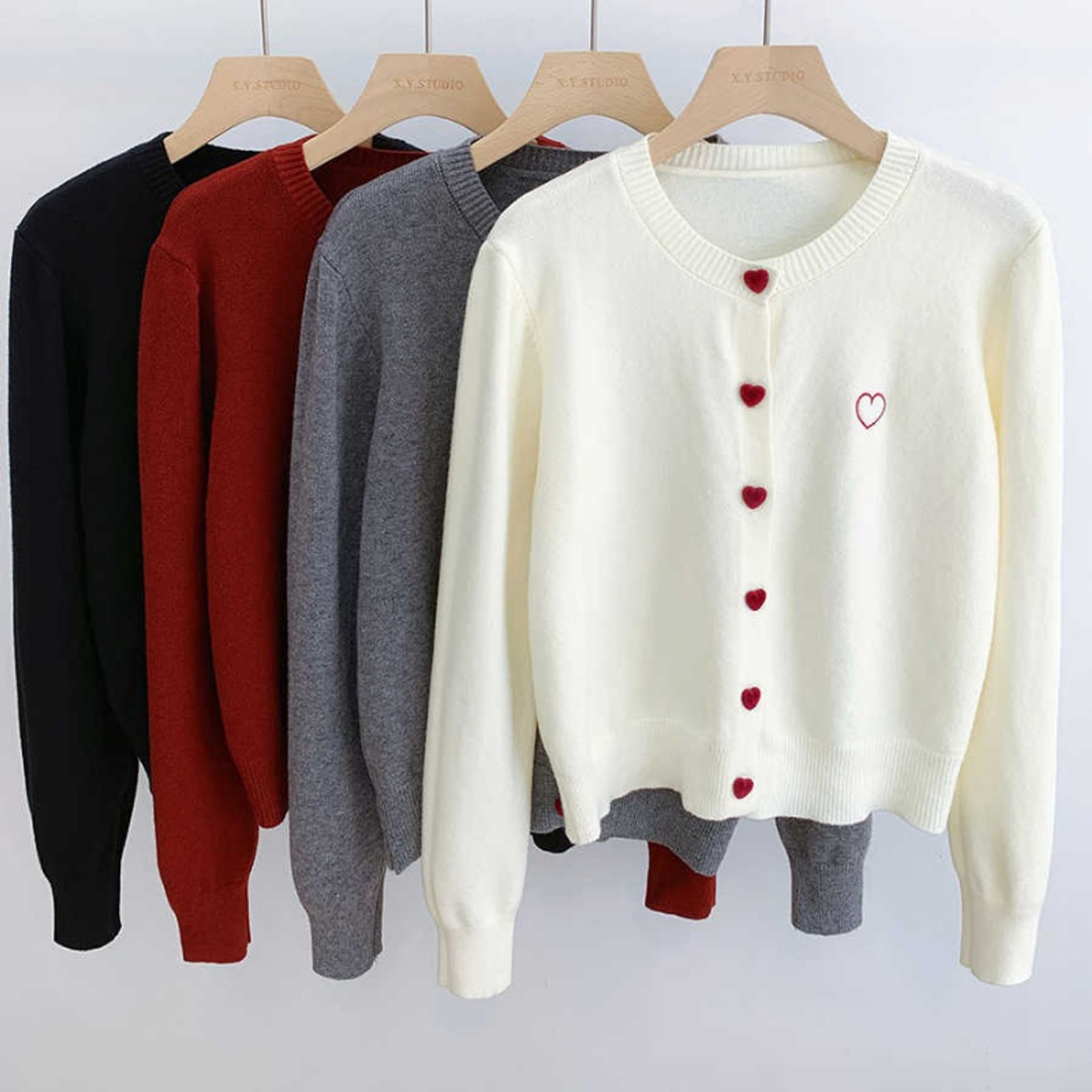 Women's O-Neck Heart Button Sweater Cardigan with Bow Embroidery