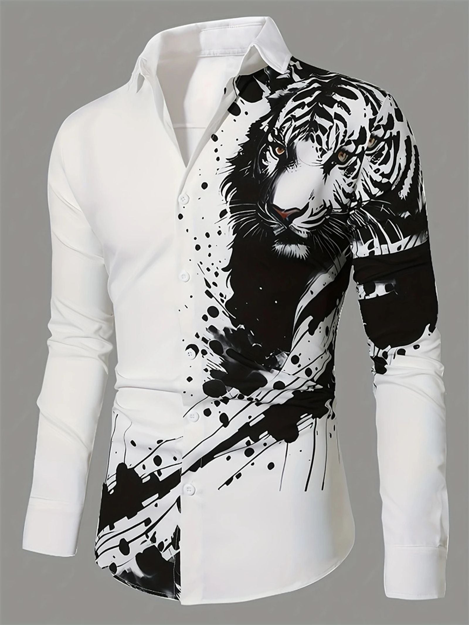 Hawaiian Long-sleeved Collar Shirt with 3D Tiger Eagle Print