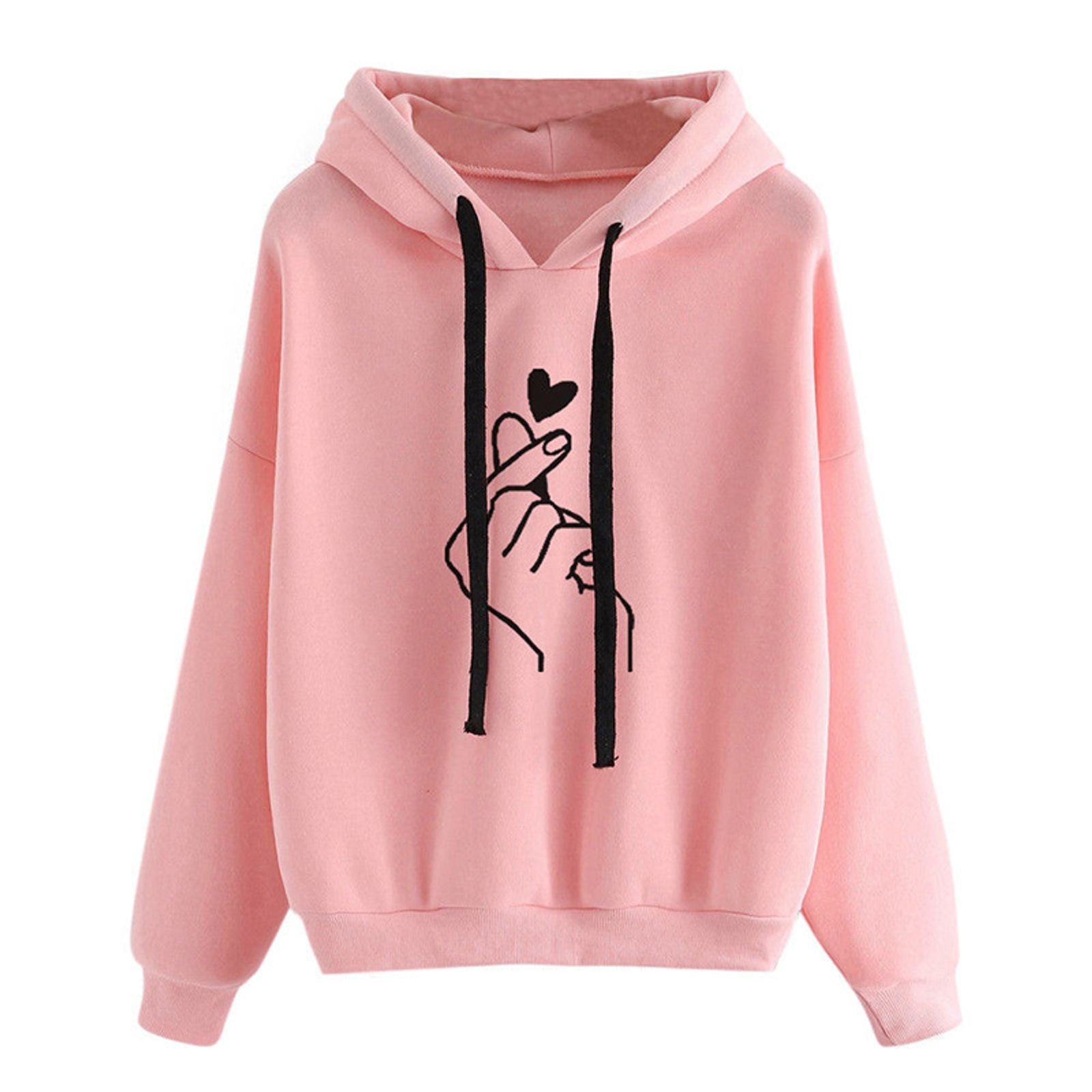 Autumn Fleece Hoodie with Pocket and Finger Heart Design
