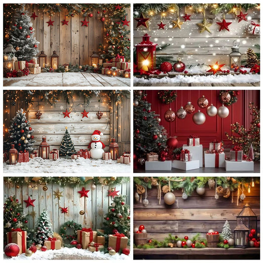 Merry Christmas Photography Backdrop with Wreath and Ornaments