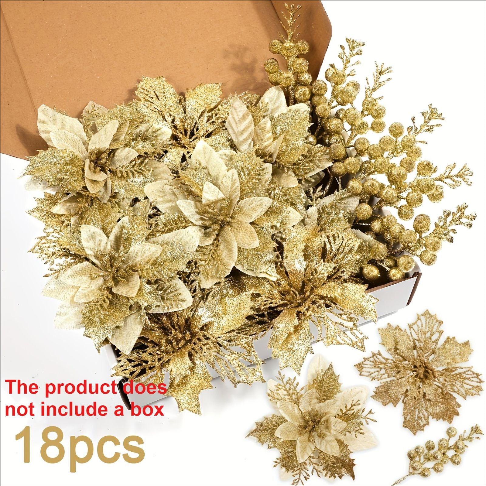 18pcs Christmas Poinsettia Flowers & Glitter Berry Stems Kit