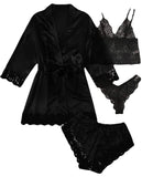 4pcs Women's Striped Lingerie Set with Lace Trim