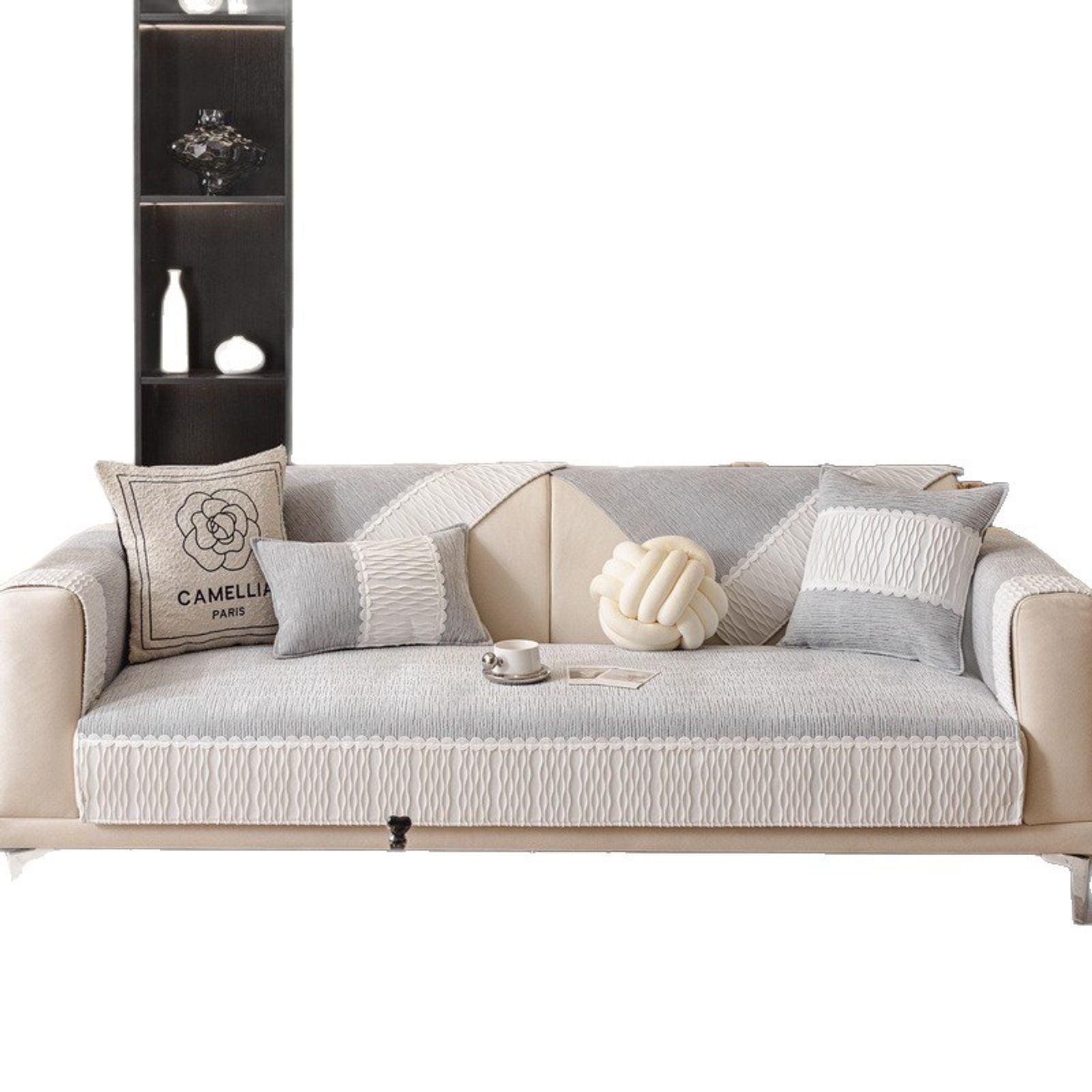 Solid Chenille Sofa Cover with Delicate Lace Decor