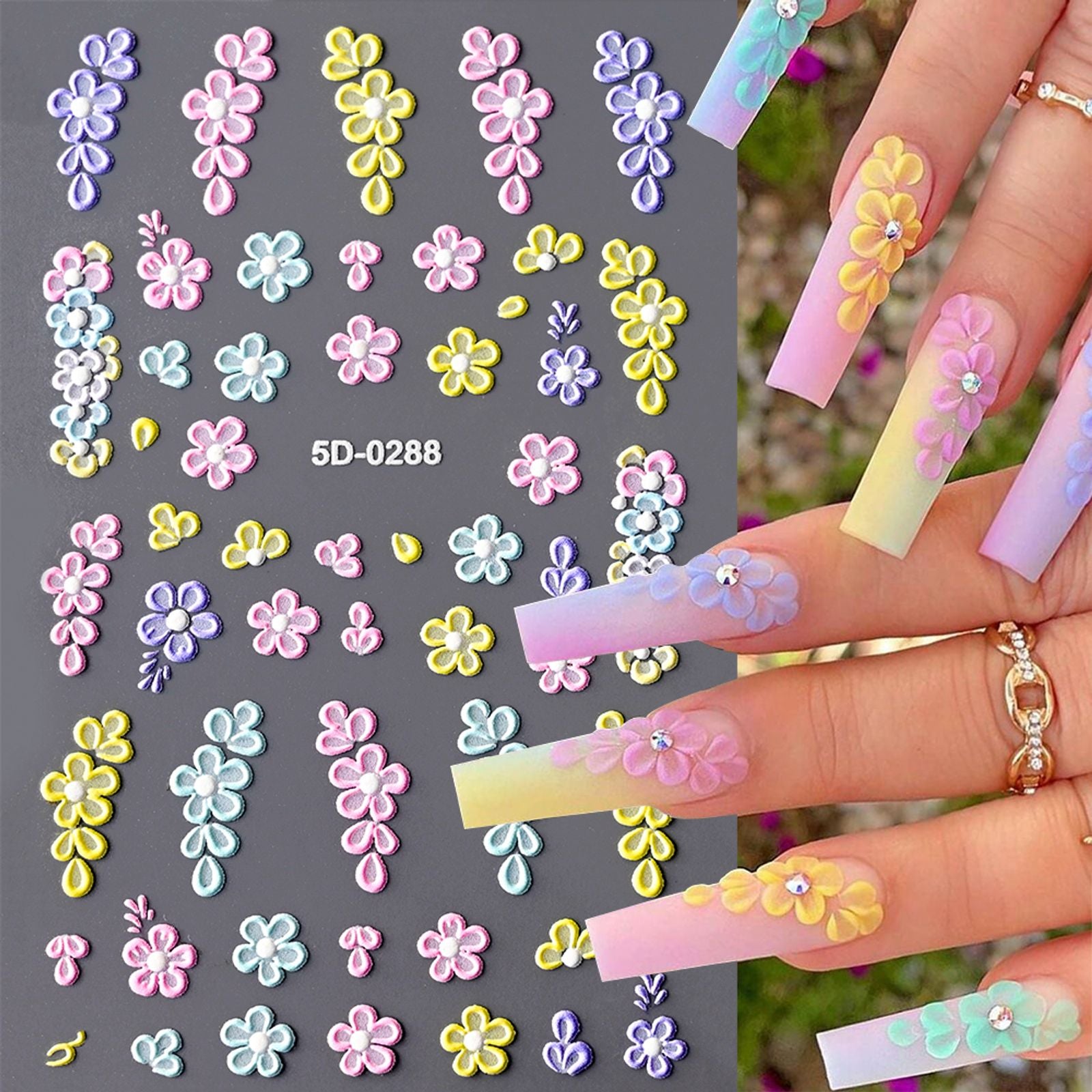 2Pcs 5D Embossed Colorful Flower Nail Stickers