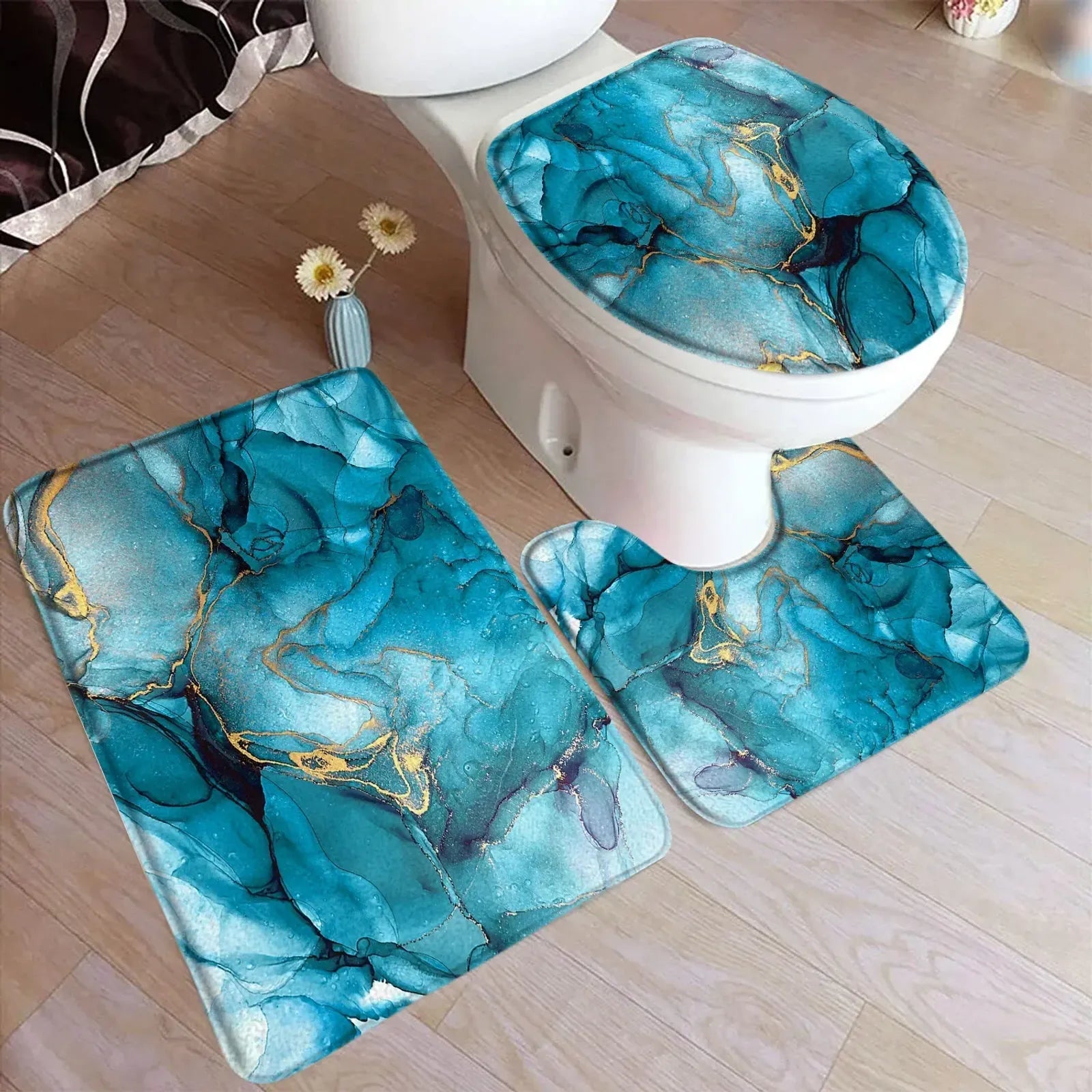 Abstract Blue Marble Bath Mat Set