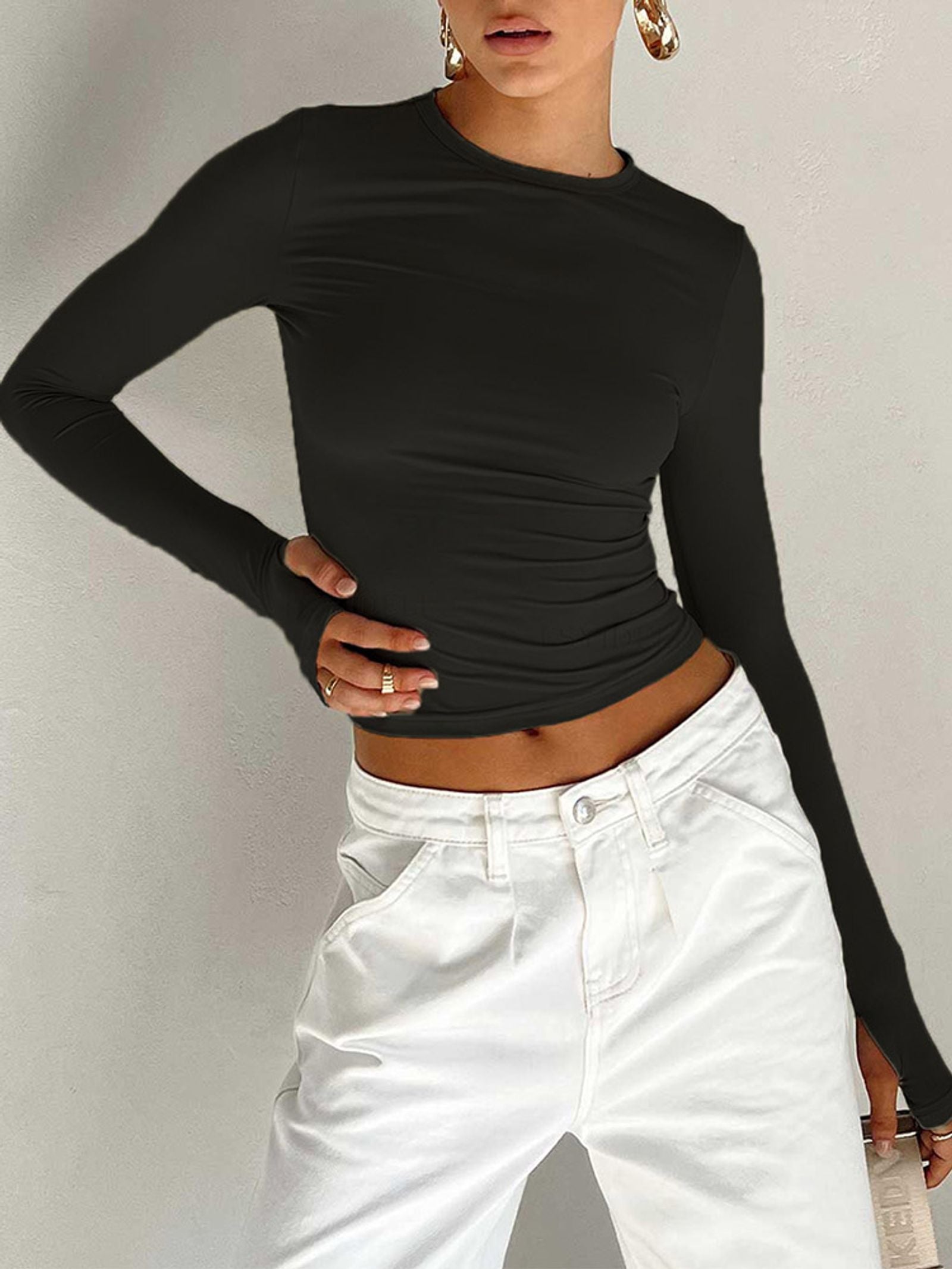 Womens Long Sleeve Crew Neck Crop Top with Thumb Holes