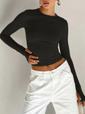 Womens Long Sleeve Crew Neck Crop Top with Thumb Holes