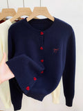 Women's O-Neck Heart Button Sweater Cardigan with Bow Embroidery