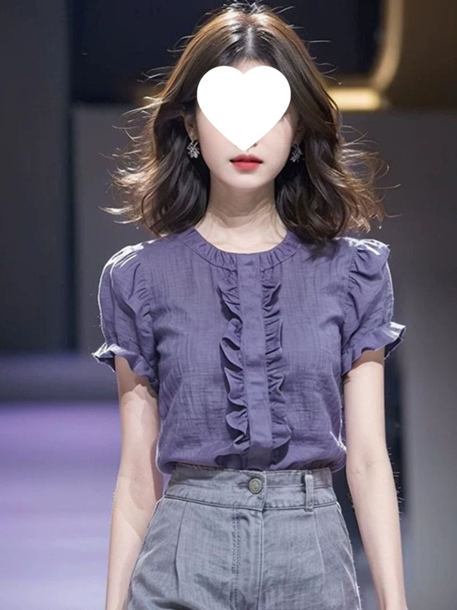 Purple Trim Short Sleeve Linen Shirt for Women