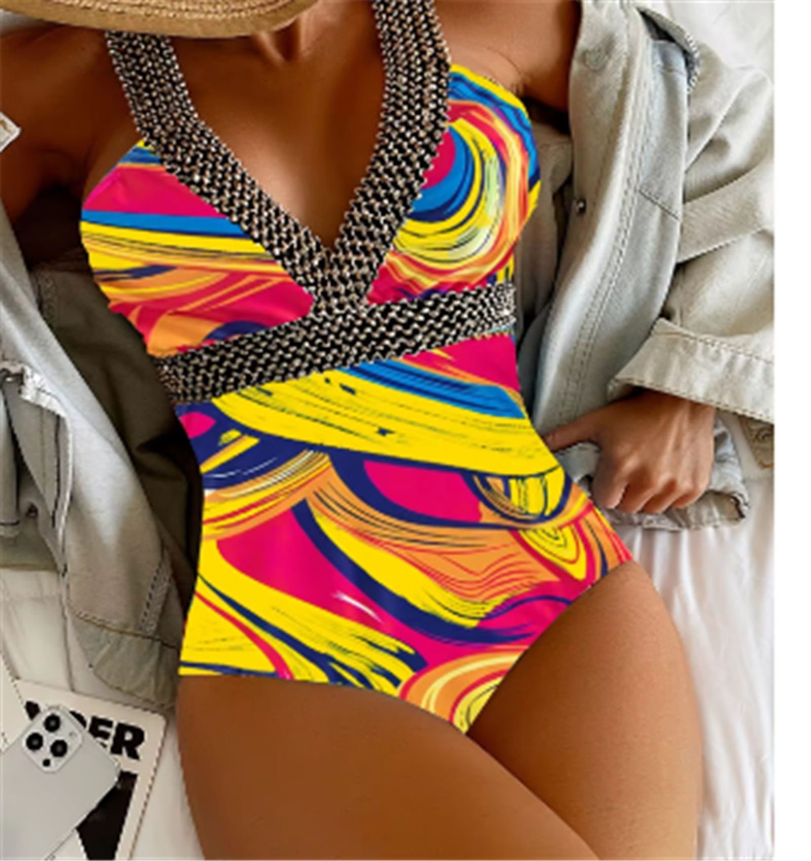 Sexy Print Strapped One Piece Swimsuit for Women