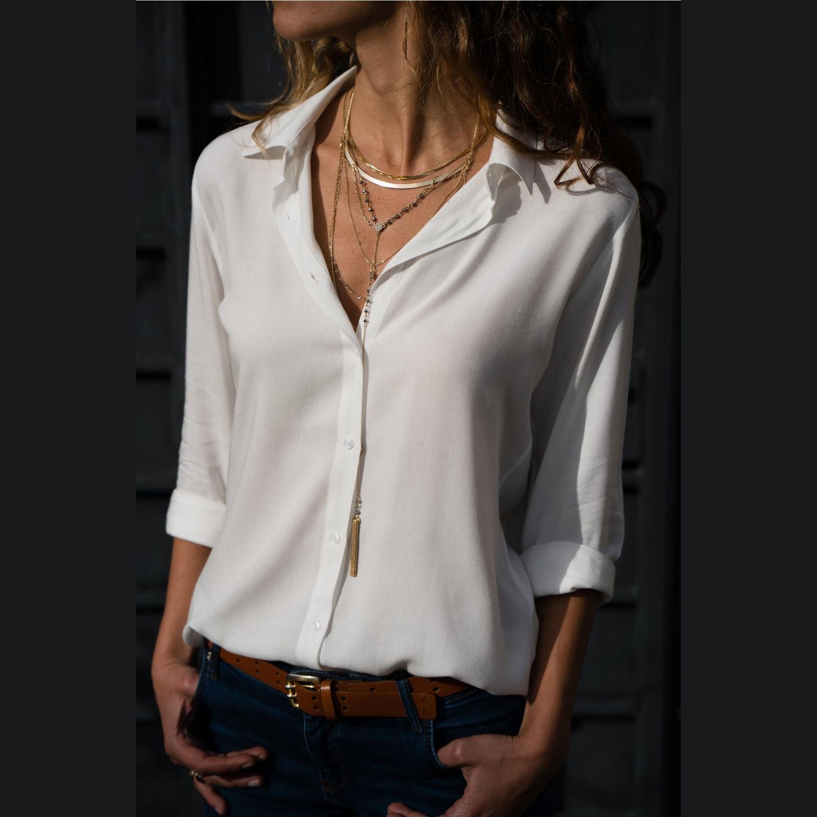 Women's Vintage Autumn Polo Collar Button-Up Blouse
