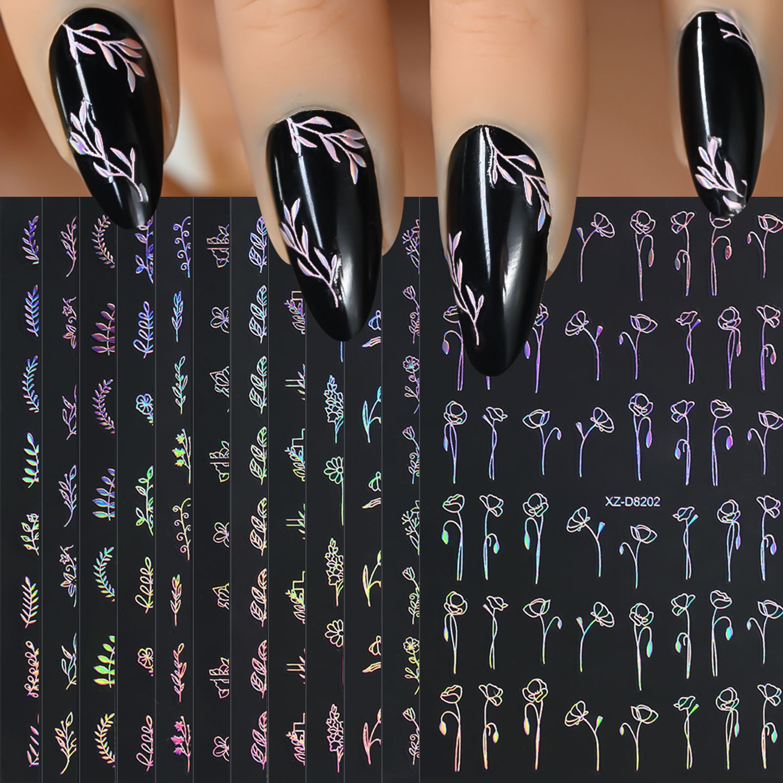 12pcs Self-Adhesive Laser Flower and Leaf Nail Art Stickers