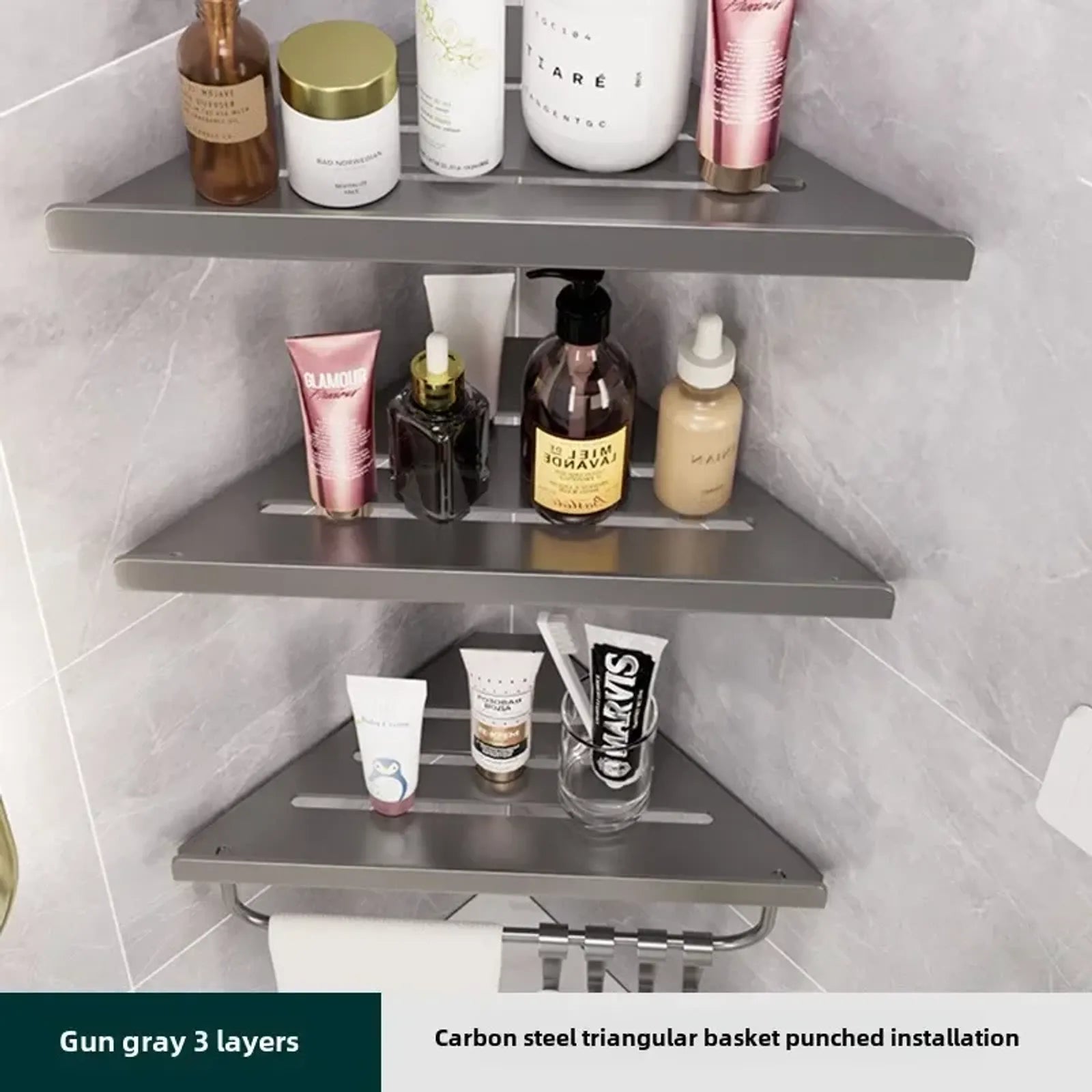 Wall-Mounted Triangle Drain Shelf with Hooks