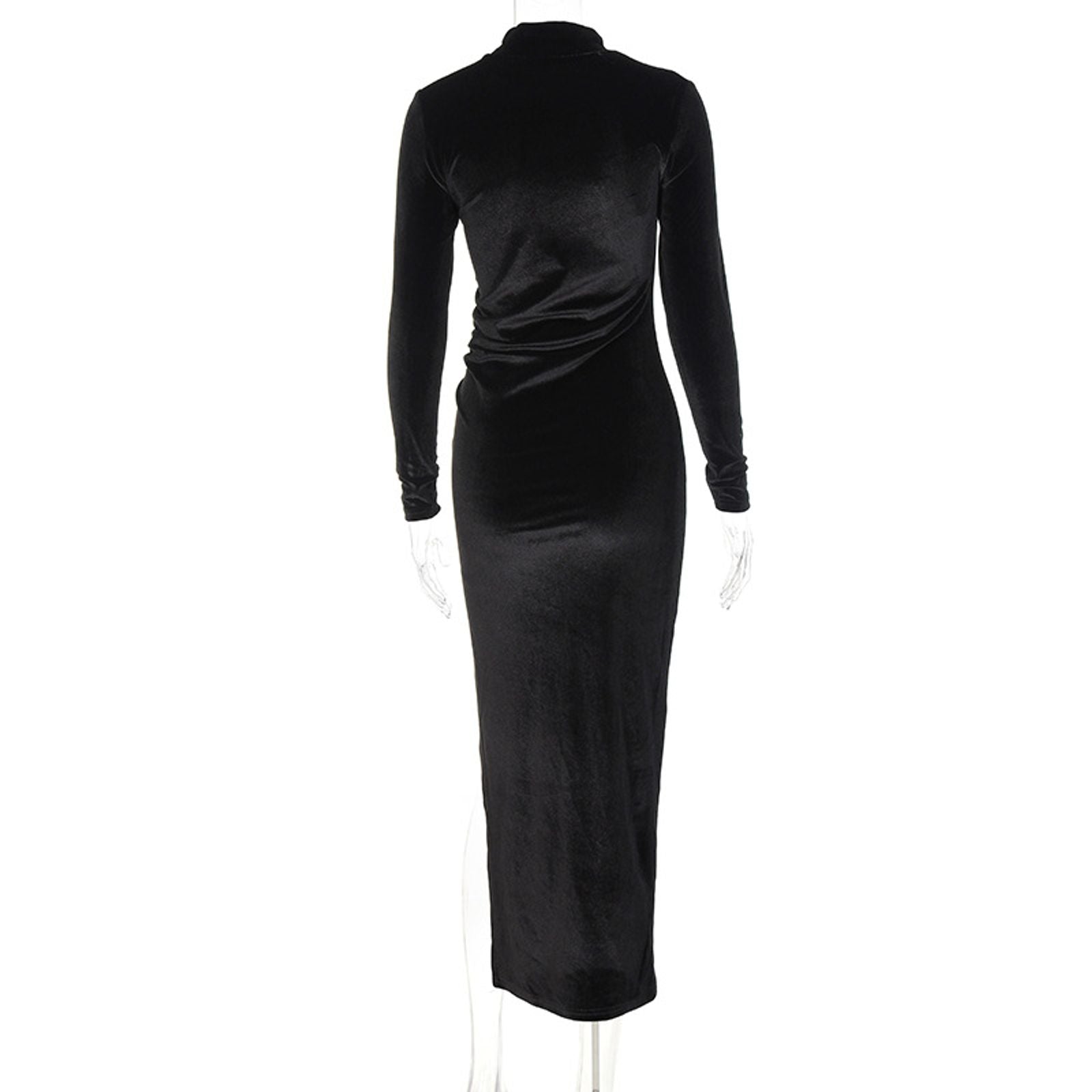 Solid Velvet Long Sleeve Ruched Midi Dress with Side Slit