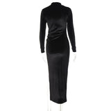 Solid Velvet Long Sleeve Ruched Midi Dress with Side Slit