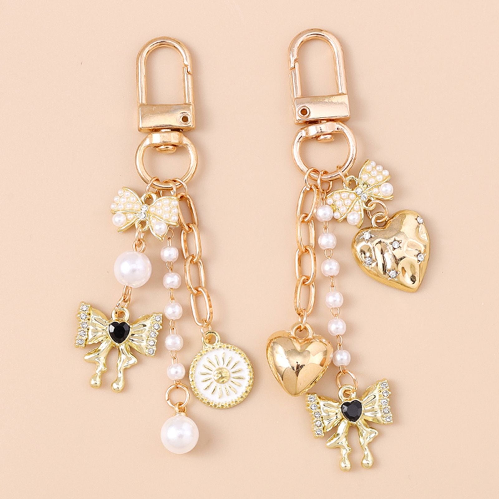 Cute Bowknot Love Heart Keychain with Crystal and Pearl